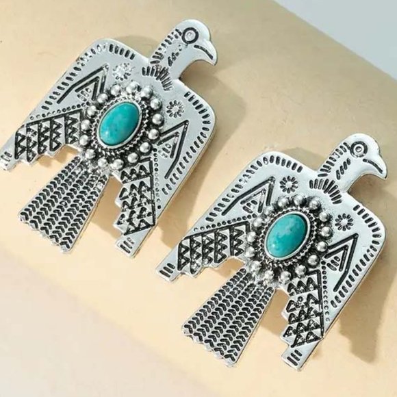 SOUTHWESTERN THUNDERBIRD FAUX TURQUOISE SILVERY EARRINGS 47 - Picture 1 of 2